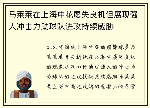 马莱莱在上海申花屡失良机但展现强大冲击力助球队进攻持续威胁